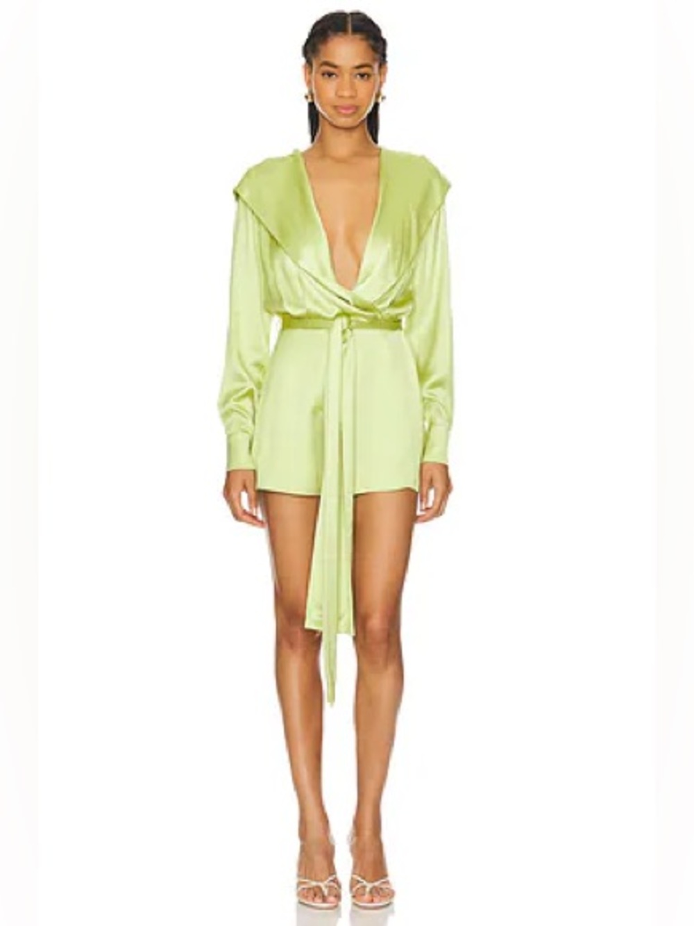Alexis Lime-Green Satin Deep V Tie-Waist Romper